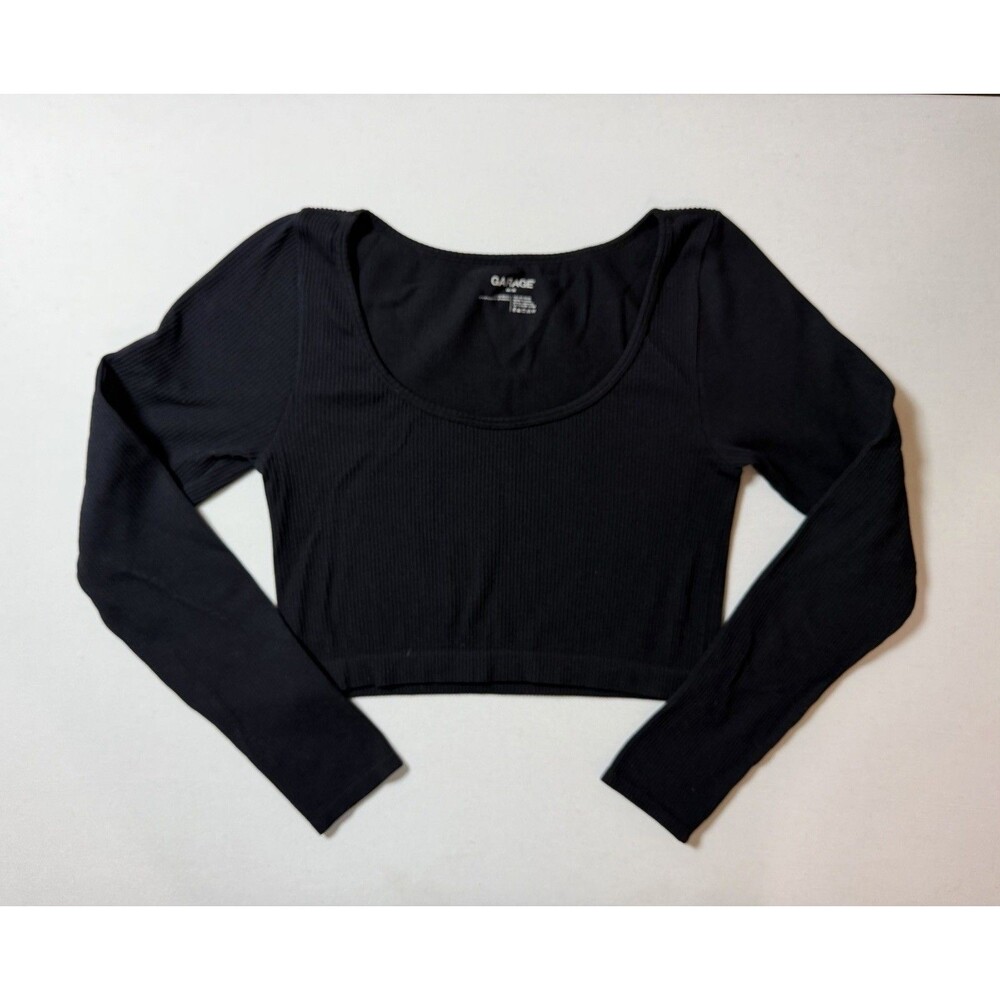 Garage Top Women’s Black Long Sleeve Ribbed Scoop Neck Crop Top Size Medium